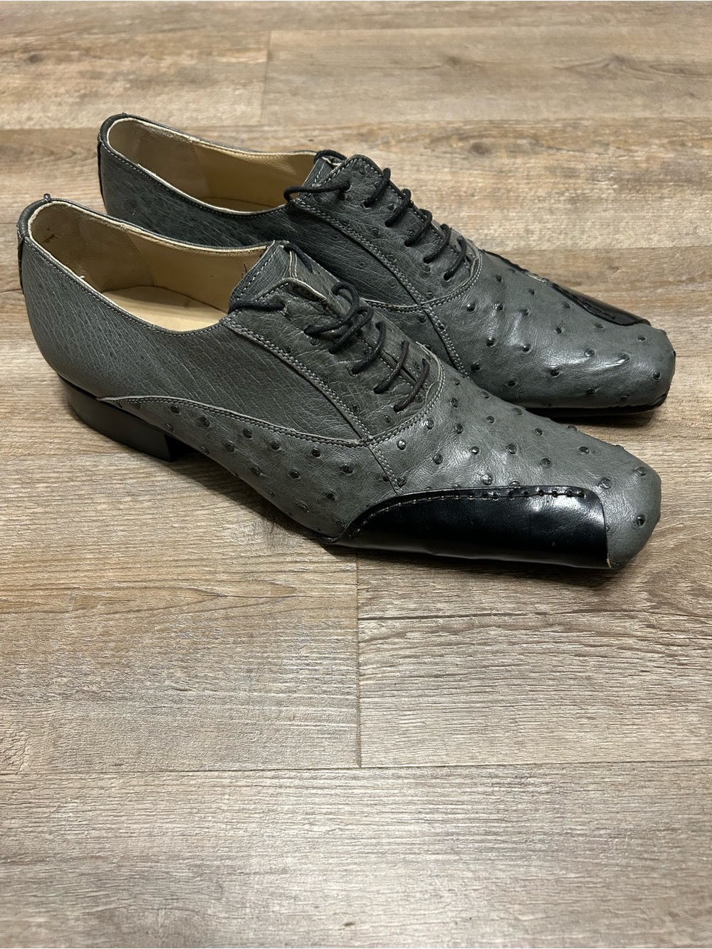 Tullio Men's Size 8 Grey Genuine Ostrich Lace-Up Derby Leather Shoes Italy